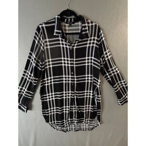 New Look Women L Button Down Shirt Black White Excellent Plaid Roll Tab Rayon